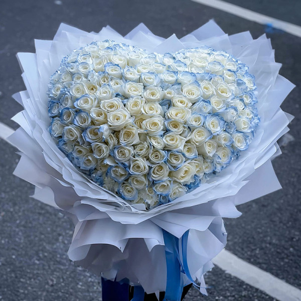 「雪吻冰藍」— 心形白玫的月光詩​